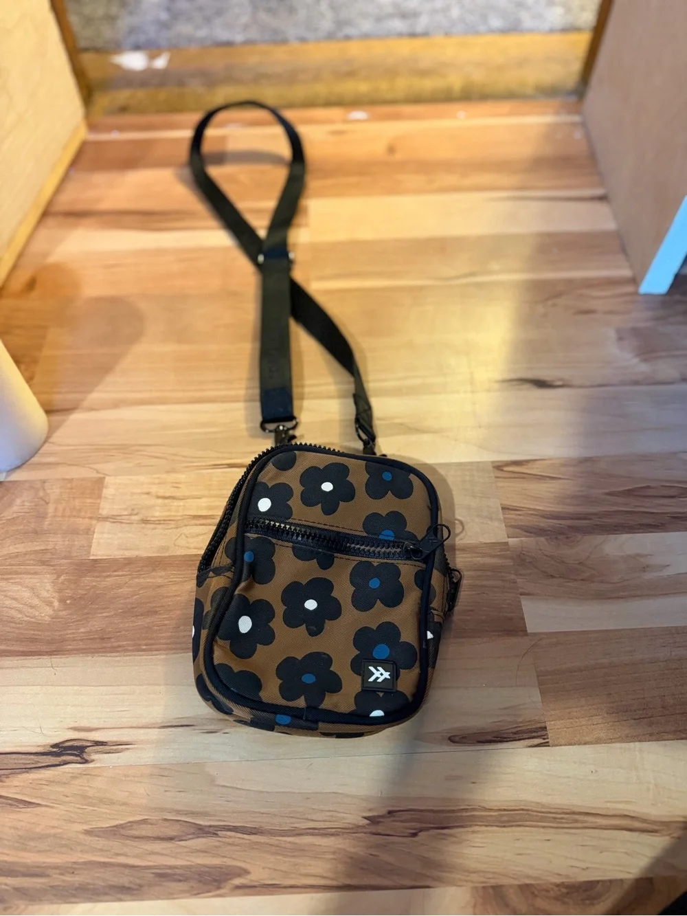 Floral Print Brown Crossbody Bag with Black Strap